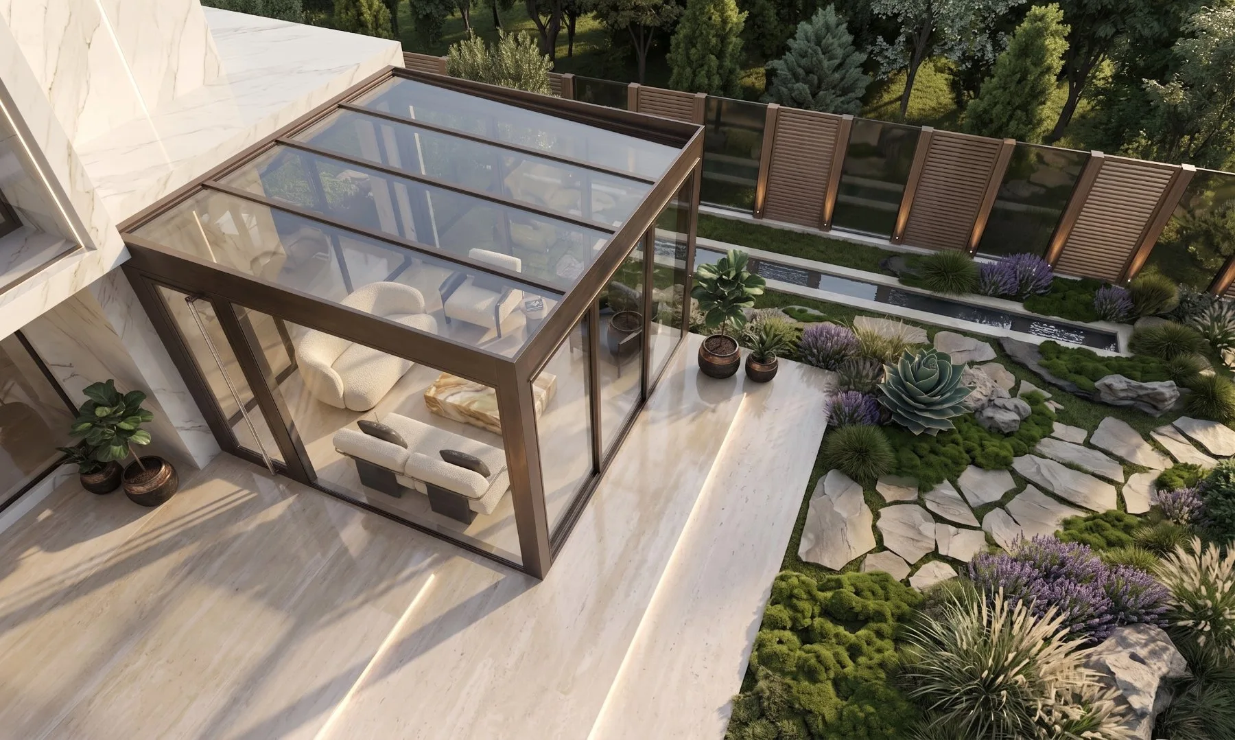Düz tavanlı bioklimatik pergola — kış aylarında yağmur ve kar korumalı teras uygulaması